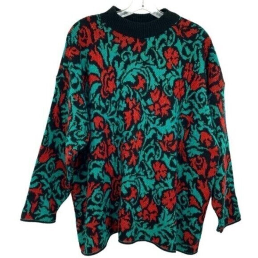 Vintage Beverly Goldberg 80s Metallic Red Rose and Teal Chunky Oversized Sweater